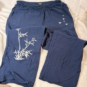 E-Retro Navy Blue Wide Leg Tulip Crop Pants Bamboo Butterfly Womens XL Harem Hem